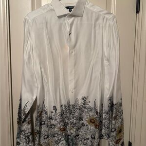 Murano White Button-Up Shirt with Black and Yellow Floral Border
